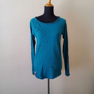 Cotton Citizen Distressed Ripped Long Sleeve Crewneck Tee Top Size S Green New